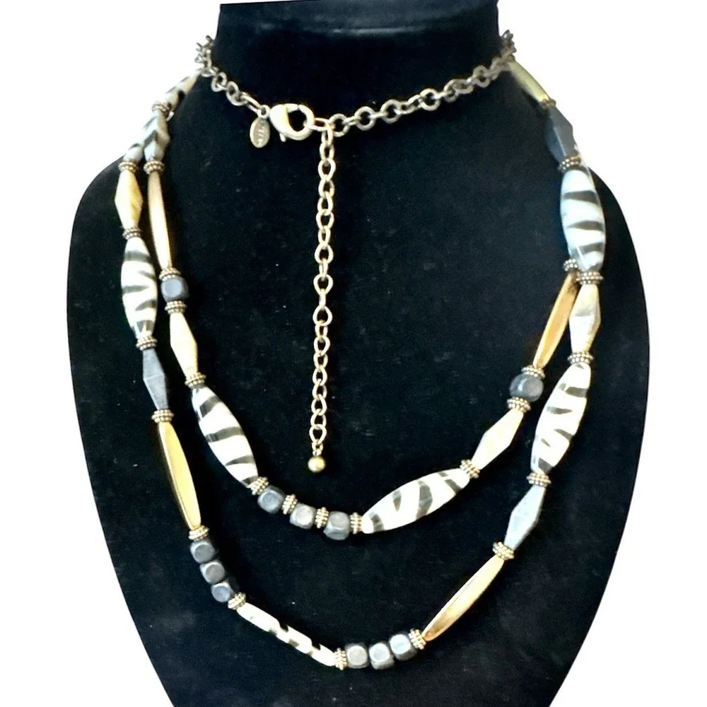 Chico's Zebra Print Beaded Multi Strand Statement Necklace Gold Tone Boho Safari